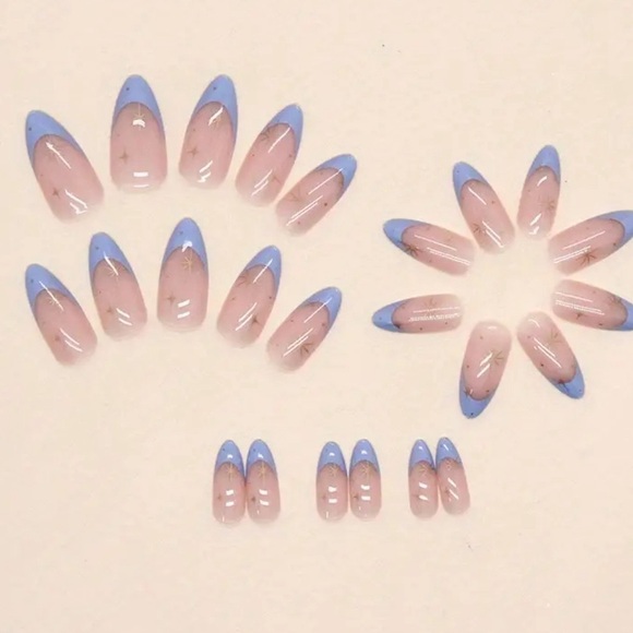 24 pcs Almond French Acrylic Press On Nail Set Reusable Blue French 💙✨ - Picture 5 of 7